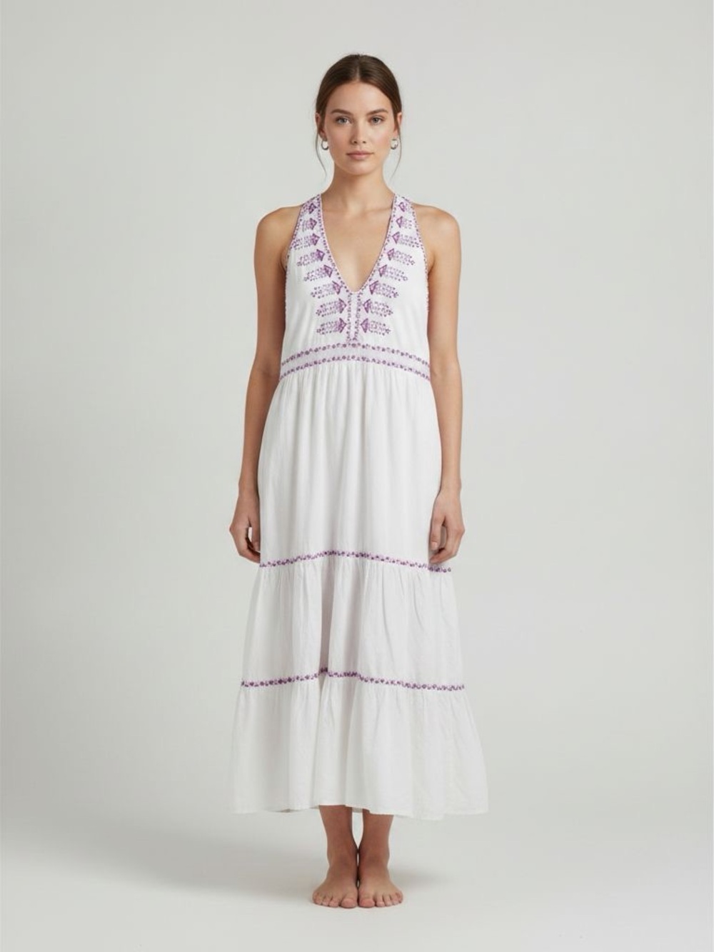 Anthropologie White Maxi Dress Purple Embroidery | boho | Sleeveless | Size US4